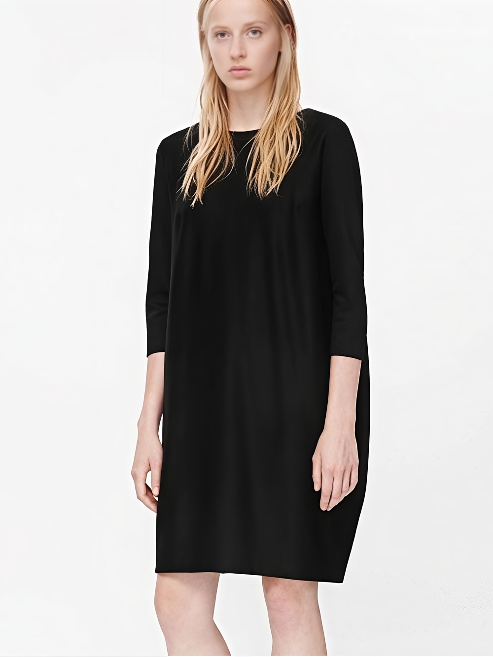 COS Minimalist Black Mini Dress 3/4 Sleeve Stretch Pockets US 4–6 Chic Staple